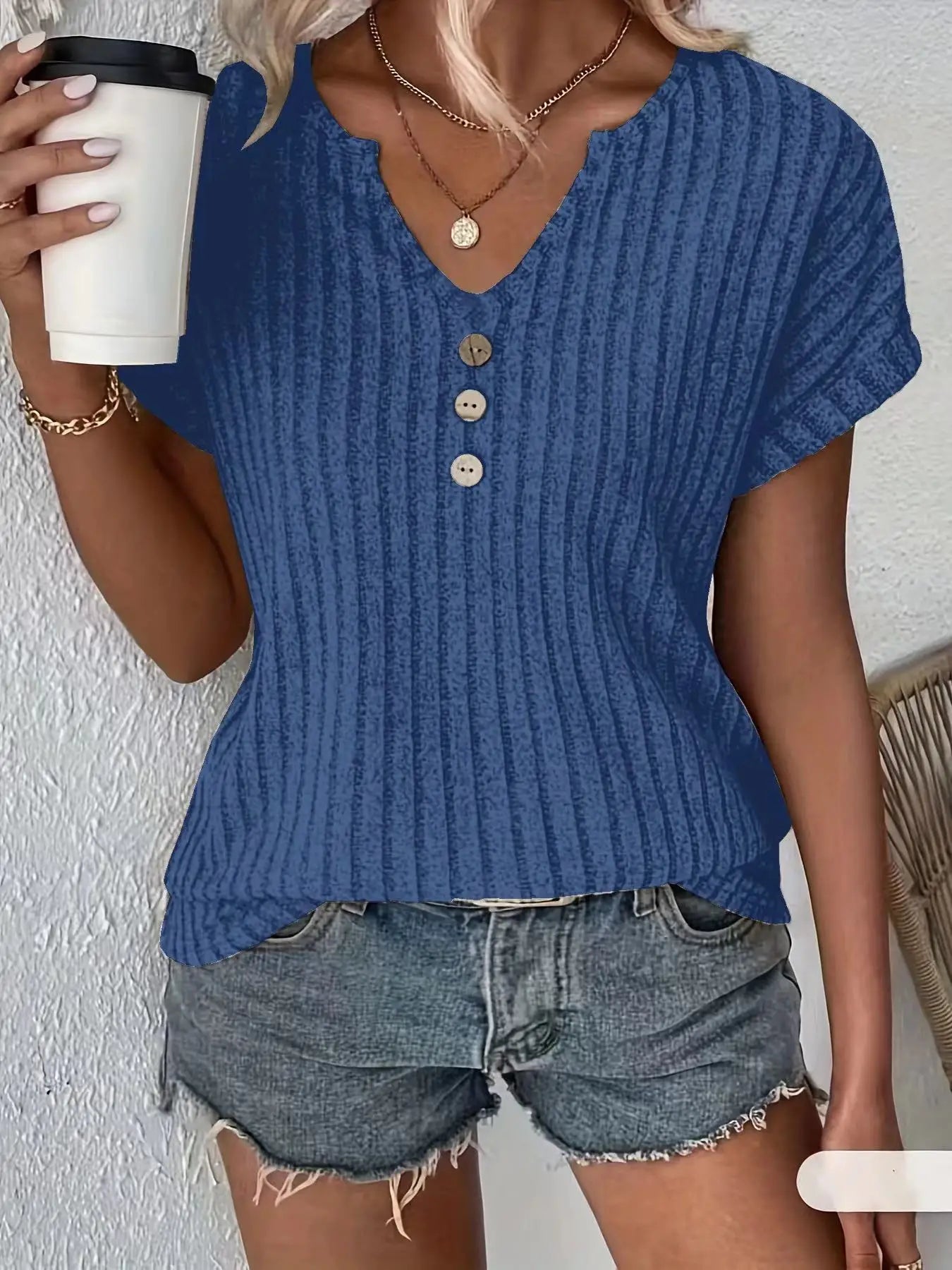 Women's V-Neck Ribbed T-Shirt | OWNLUXE