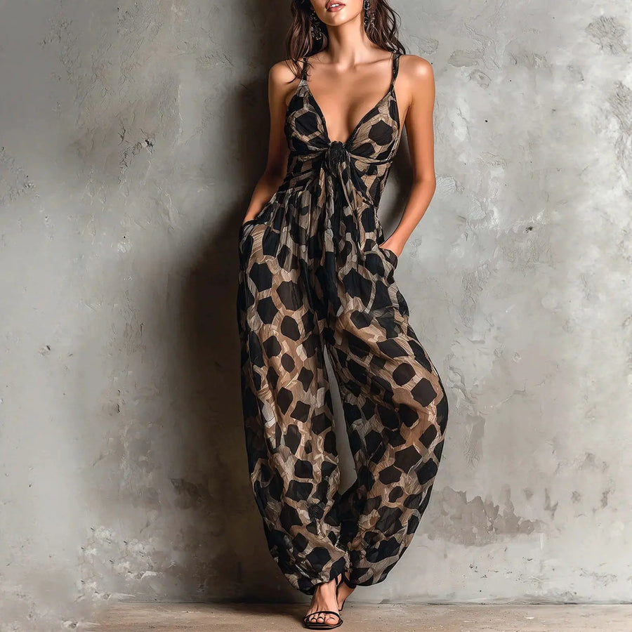 Leopard Print Sleeveless V-Neck Wide-Leg Jumpsuit | OWNLUXE