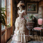 Pink Victorian Prom Dress – Beaded Lace A‑Line Evening Gown