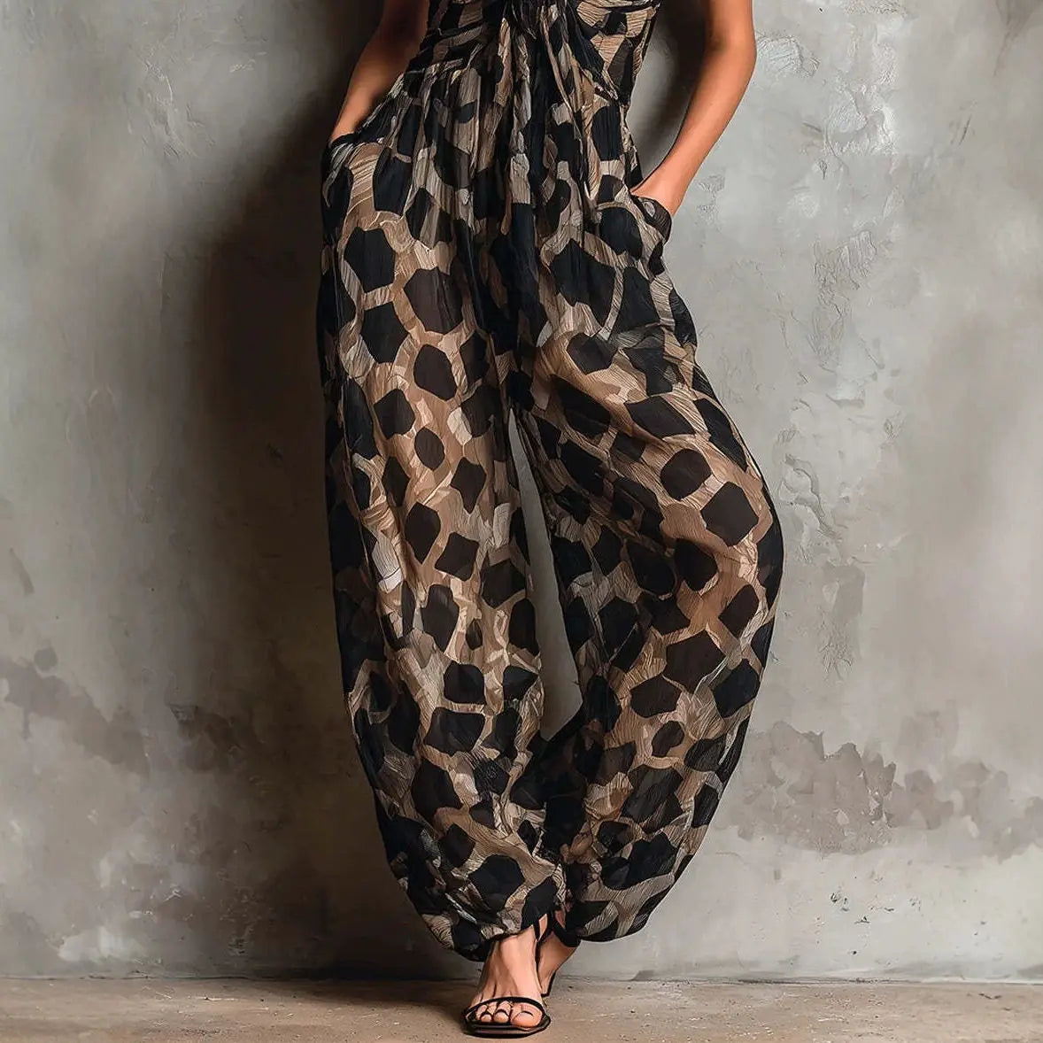 Leopard Print Sleeveless V-Neck Wide-Leg Jumpsuit | OWNLUXE