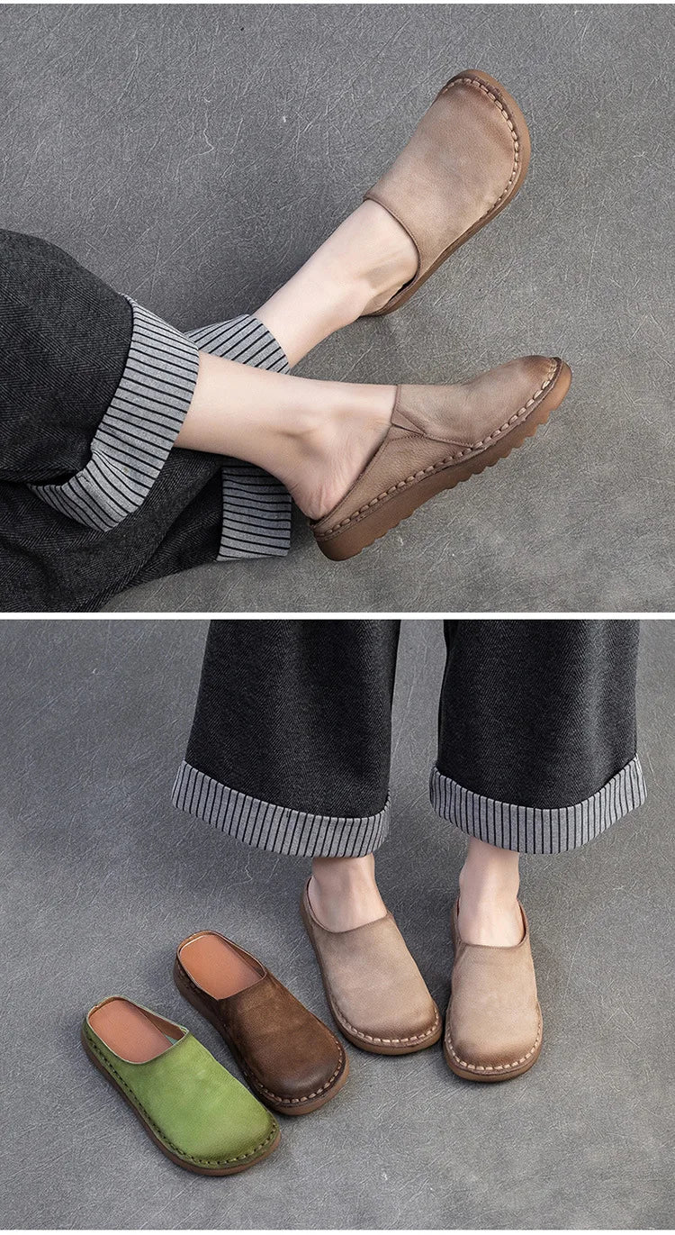 Genuine Leather Flat Slippers – Handmade Retro Women’s Mules