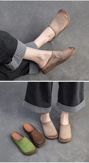Genuine Leather Flat Slippers – Handmade Retro Women’s Mules
