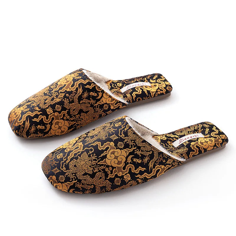 Plush Embroidered House Slippers with Rubber Sole