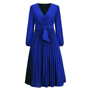Slim-Fit A-Line Mid-Calf Dress with Lantern Sleeves and Sashes – Office Lady Autumn/Winter