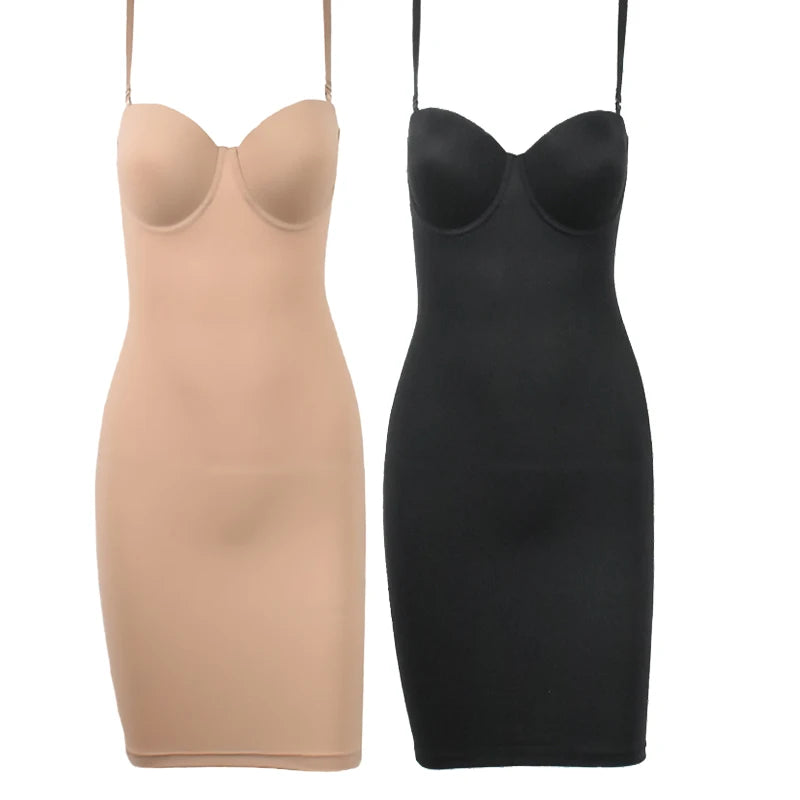 Full Length Shapewear Slip Dress - Slimming Body Shaper with Underwire Support