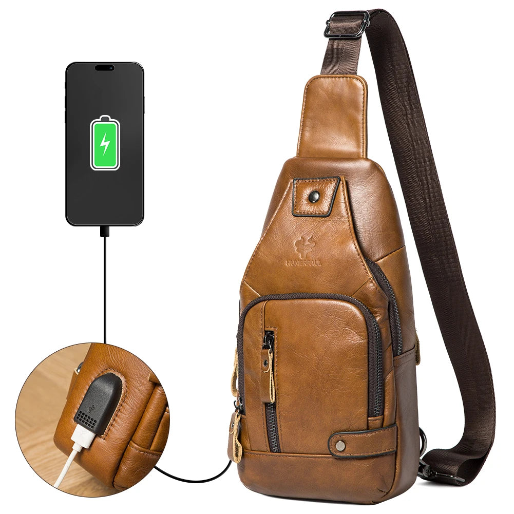Men's Genuine Leather USB Chest Bag - Crossbody Messenger with USB Port | OWNLUXE