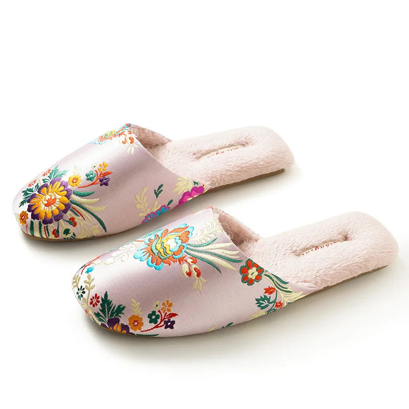 Plush Embroidered House Slippers with Rubber Sole