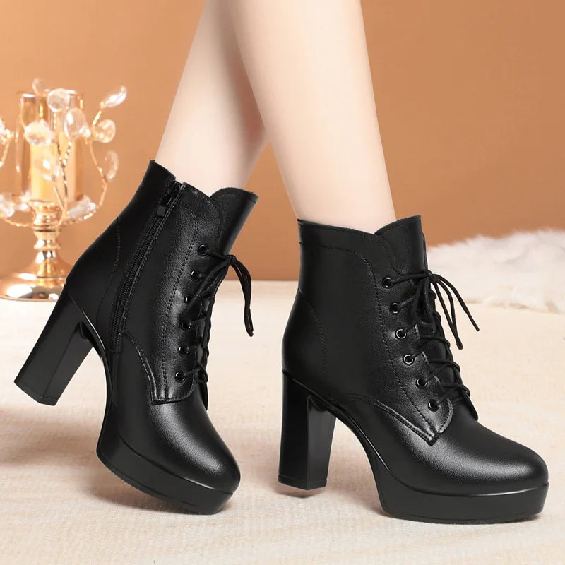Platform Lace-Up Ankle Boots - Waterproof Winter Boots with Wool Lining