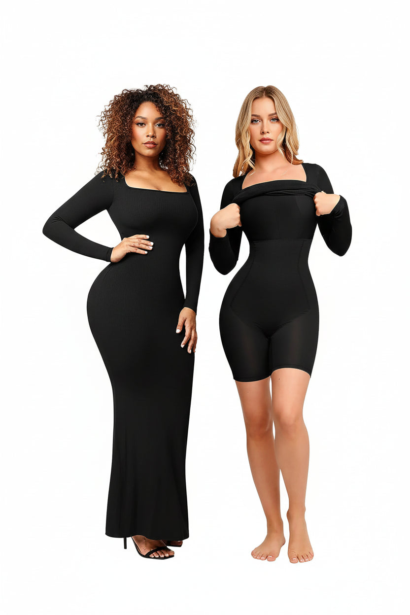 Long Sleeve Shapewear Dress with Built-In Bra - Full Body Shaper | OWNLUXE