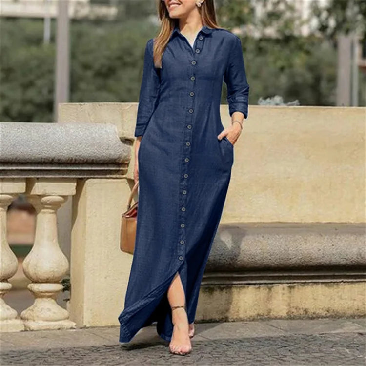 Loose-Fit Floor-Length Jersey Dress with Turn-Down Collar & Pockets – All-Season