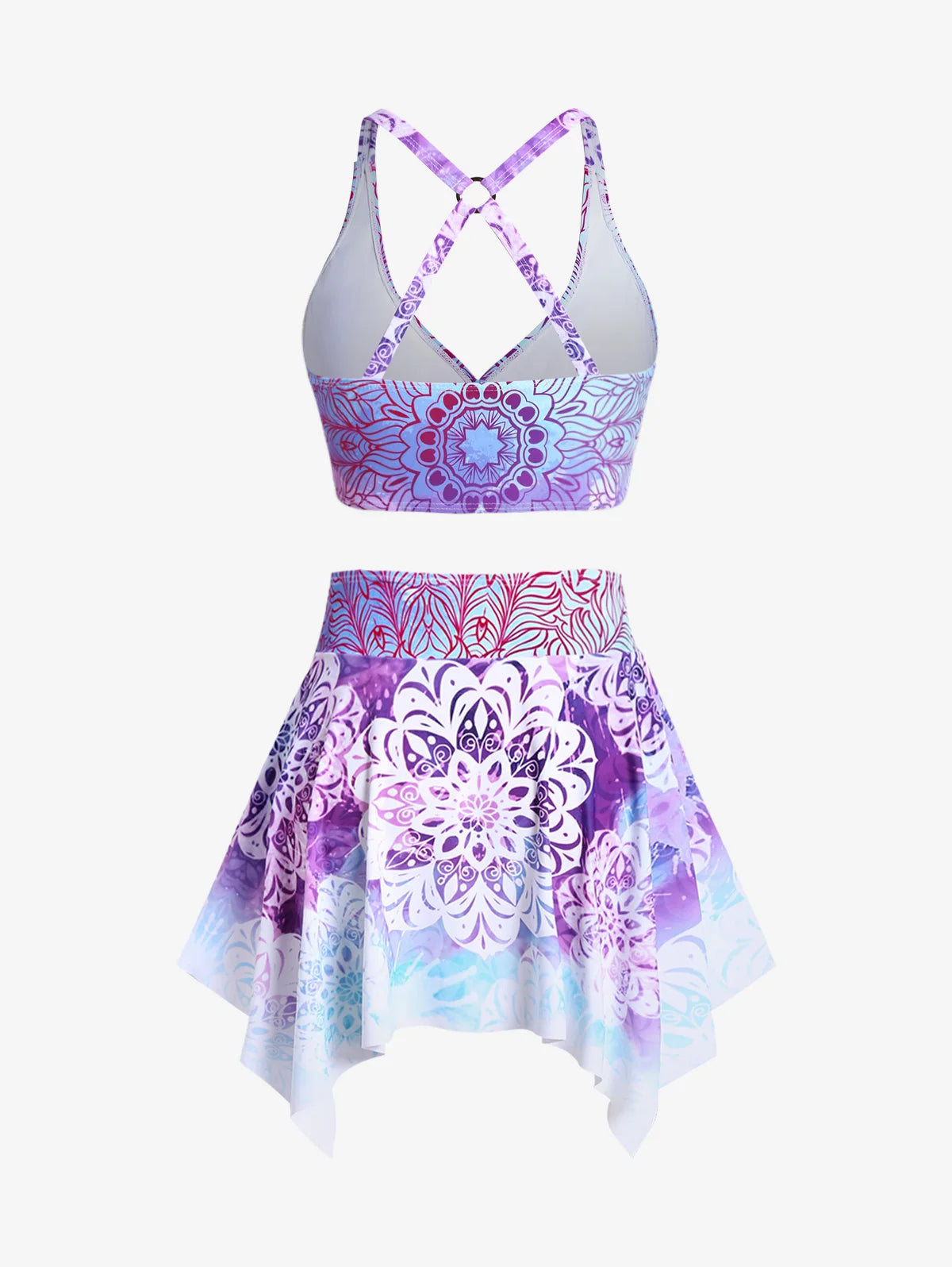 Plus Size Women's Three-Piece Padded Tankini Swimsuit Stripe Colorblock Bikinis Set, Or Purple Ethnic Printed Swimwears