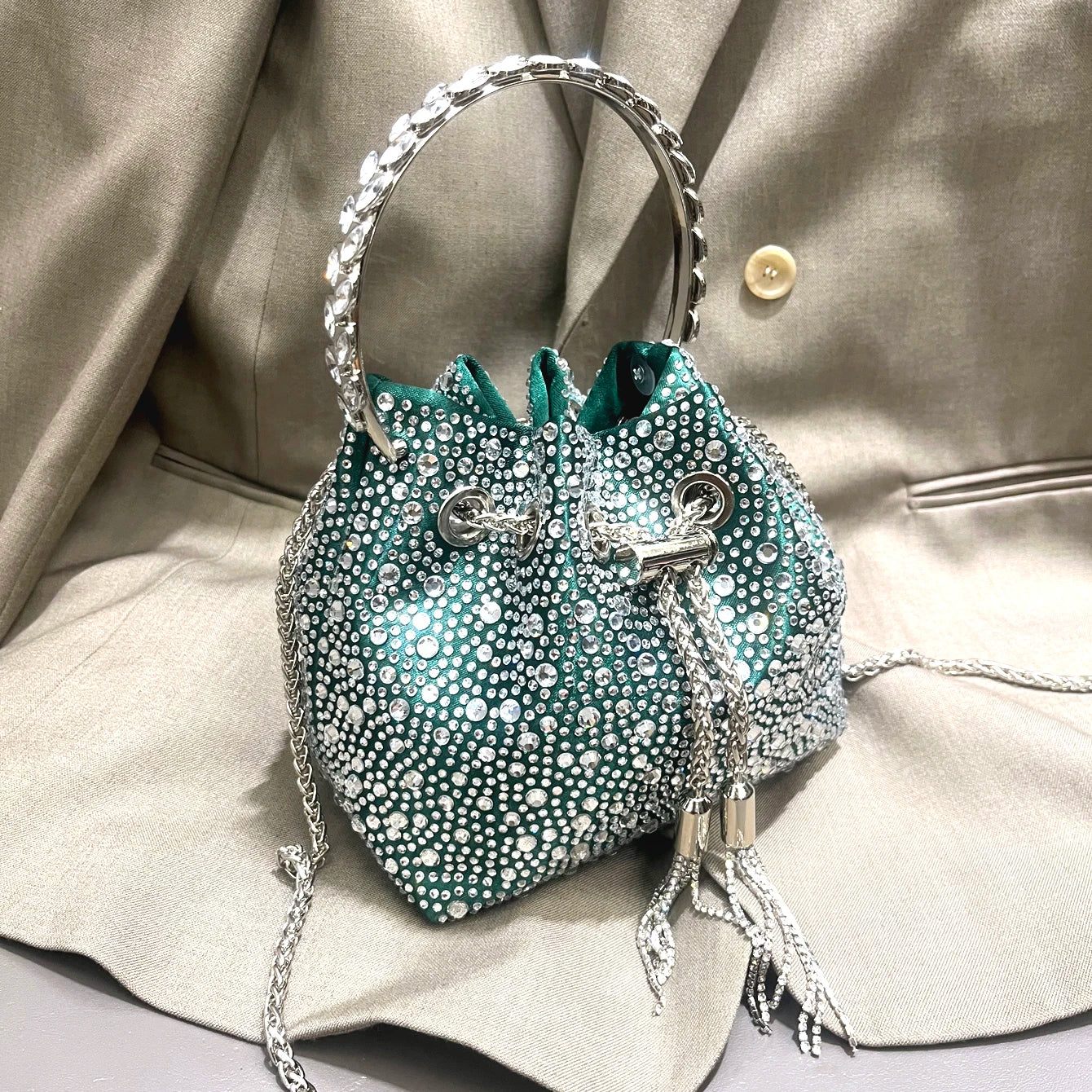 Crystal Bucket Evening Bag (Green Pink) | OWNLUXE