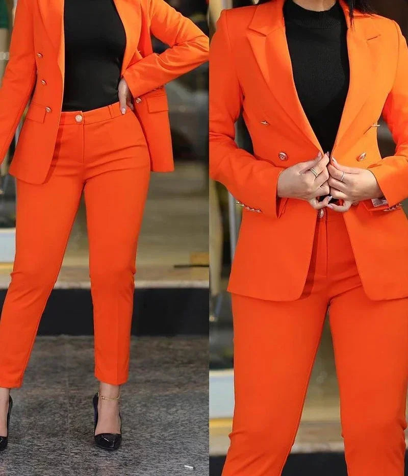 Double-Breasted Formal Pantsuit - Two-Piece Suit Set for Women