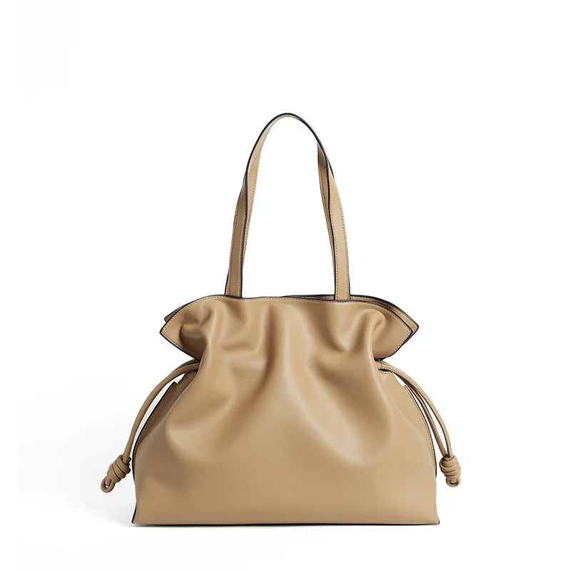 Cowhide Leather Pleated Bucket Bag | OWNLUXE