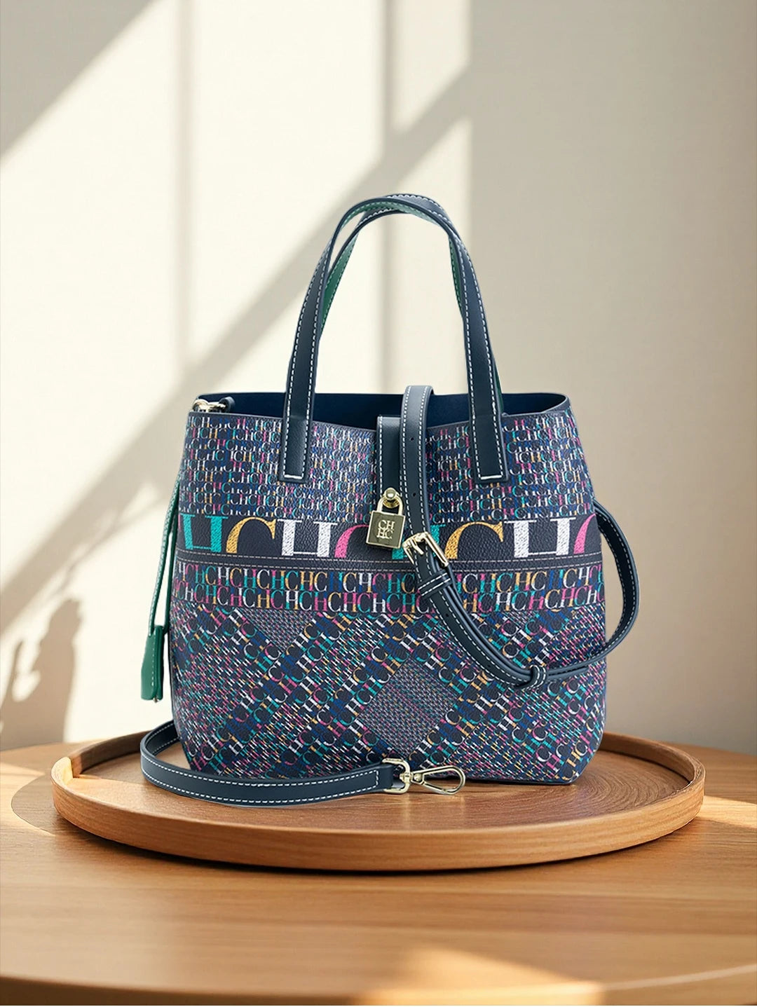 CH Luxury Brand Tote Bag - Italian Letter Print with Lock Design