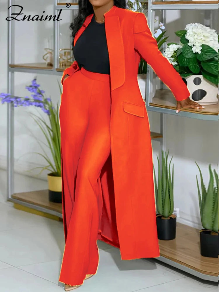 Women’s Woven Office Set – Long Top & Wide-Leg Pants