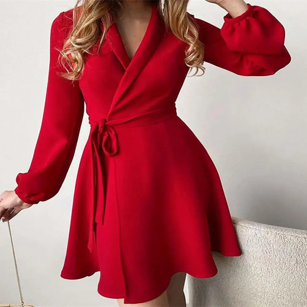 Print A-Line Dress with Lace-Up Detail - V-Neck Long Sleeve | OWNLUXE