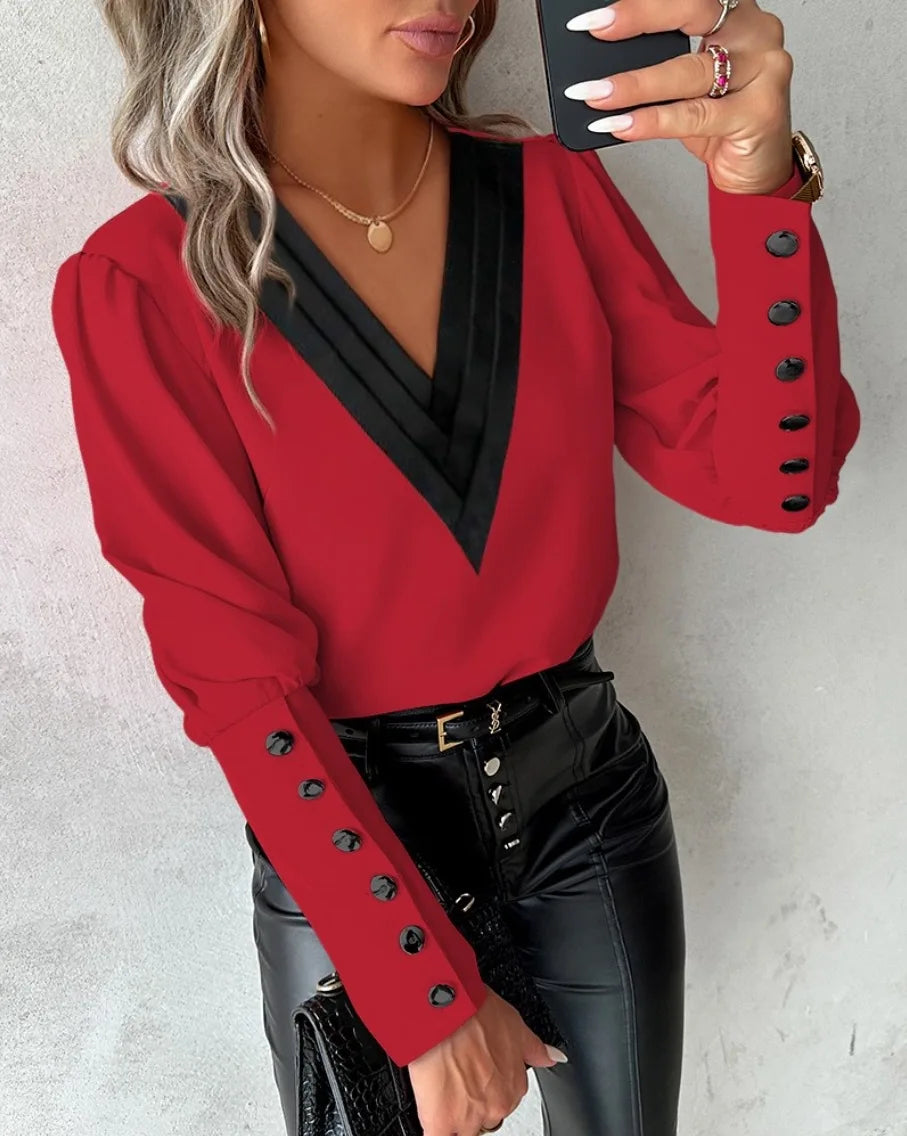 Lace Detail Office Blouse – Women's V-Neck Pullover Top