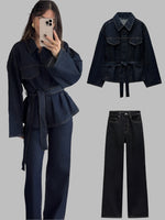 Load image into Gallery viewer, ✨ Women’s Belted Denim-Look Jacket &amp; Pants Set – Mid Waist, Full Sleeve | Ensemble veste et pantalon effet denim pour femme – Taille mi-haute, manches longues ✨
