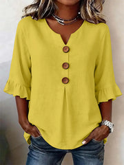 Button Perfect V-Neck Linen Lightweight Blouse | OWNLUXE