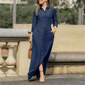 Loose-Fit Floor-Length Jersey Dress with Turn-Down Collar & Pockets – All-Season