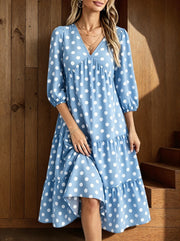 Puff-Sleeve Polka Dot V-Neck Midi Dress | OWNLUXE