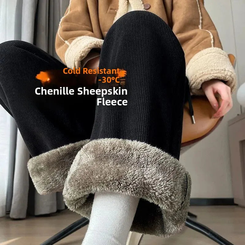 Women's Lamb Velvet Wide Leg Pants - Fleece Lined Winter Trousers