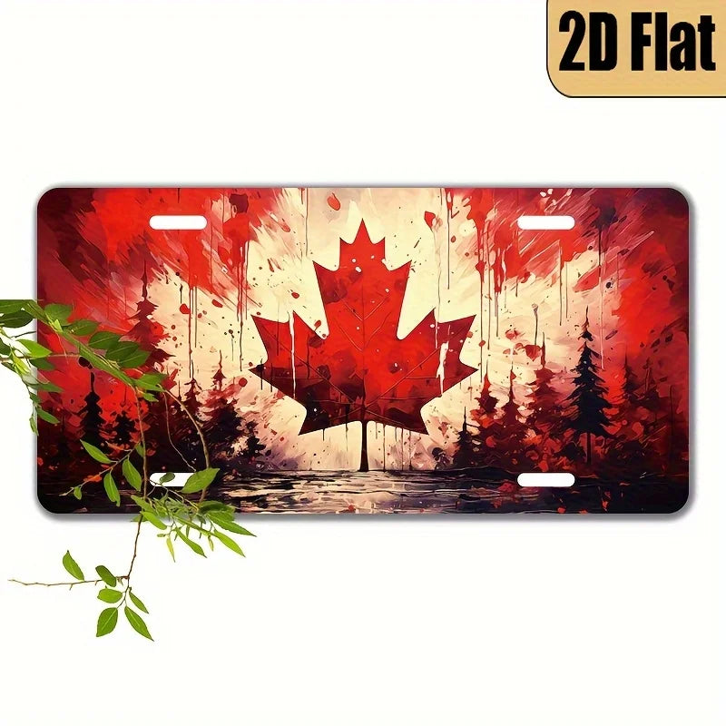2D Flat - Vintage Canadian Maple Leaf Aluminum Wall Plaque - Patriotic Red & Leaf Design with Green Pine Trees