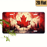 2D Flat - Vintage Canadian Maple Leaf Aluminum Wall Plaque - Patriotic Red & Leaf Design with Green Pine Trees