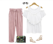Cotton Linen Pants - Elastic Waist Ankle Length Casual Trousers