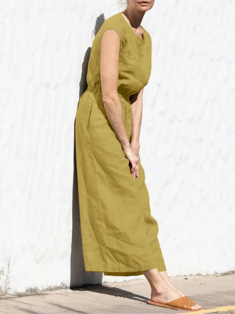 High Waist Cotton Linen Jumpsuit – Wide Leg Ankle-Length