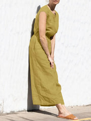 High Waist Cotton Linen Jumpsuit – Wide Leg Ankle-Length