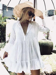 Women Swimsuit Cover Up Sleeve Kaftan Beach Tunic Dress Robe De Plage Solid White Cotton Pareo  High Collar Beachwear