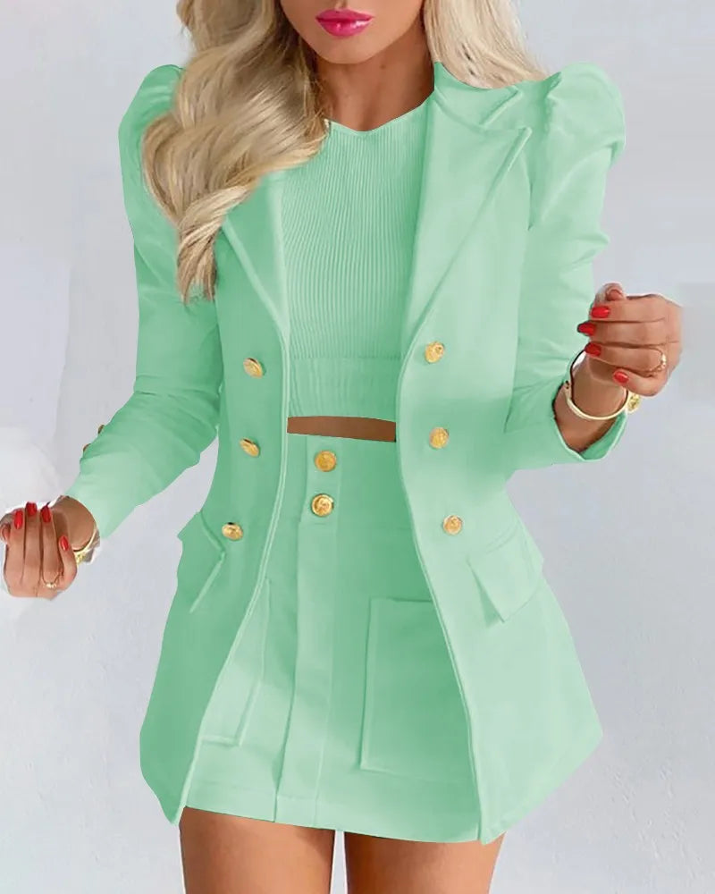 Women's Elegant Plaid Print Blazers Skirt Two Piece Set Notched Long Sleeve | OWNLUXE