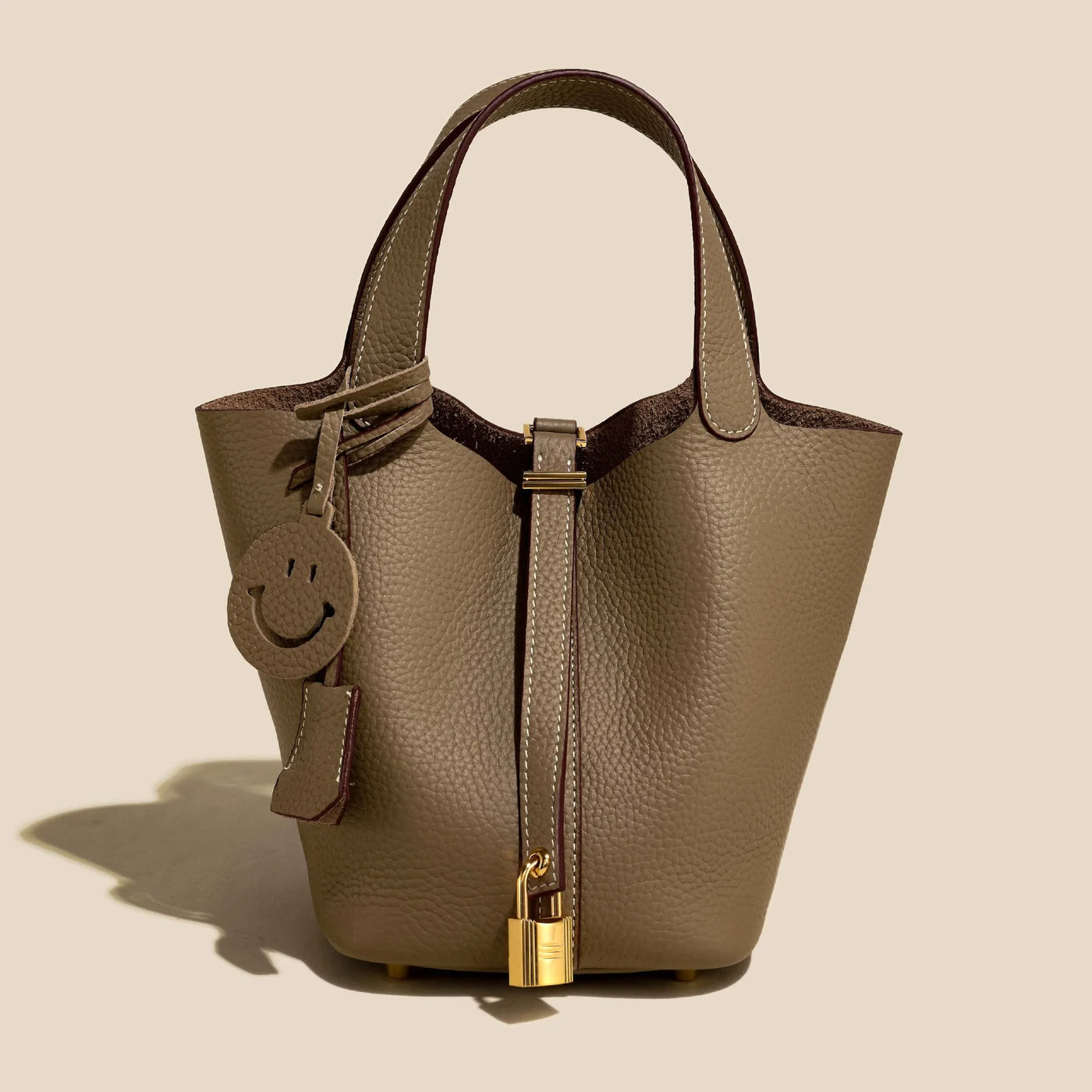 Genuine Cowhide Leather Bucket Bag - Fashion Lock Handbag with Phone Pocket | OWNLUXE