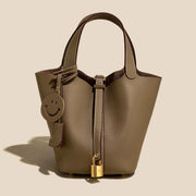 Genuine Cowhide Leather Bucket Bag - Fashion Lock Handbag with Phone Pocket | OWNLUXE