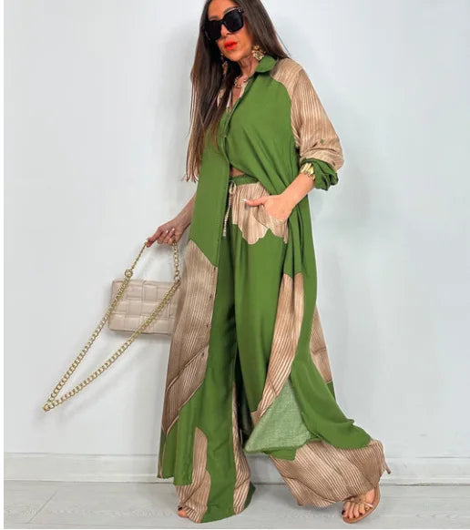 Women’s Printed Long Shirt & Pants Set – Loose Spring/Summer