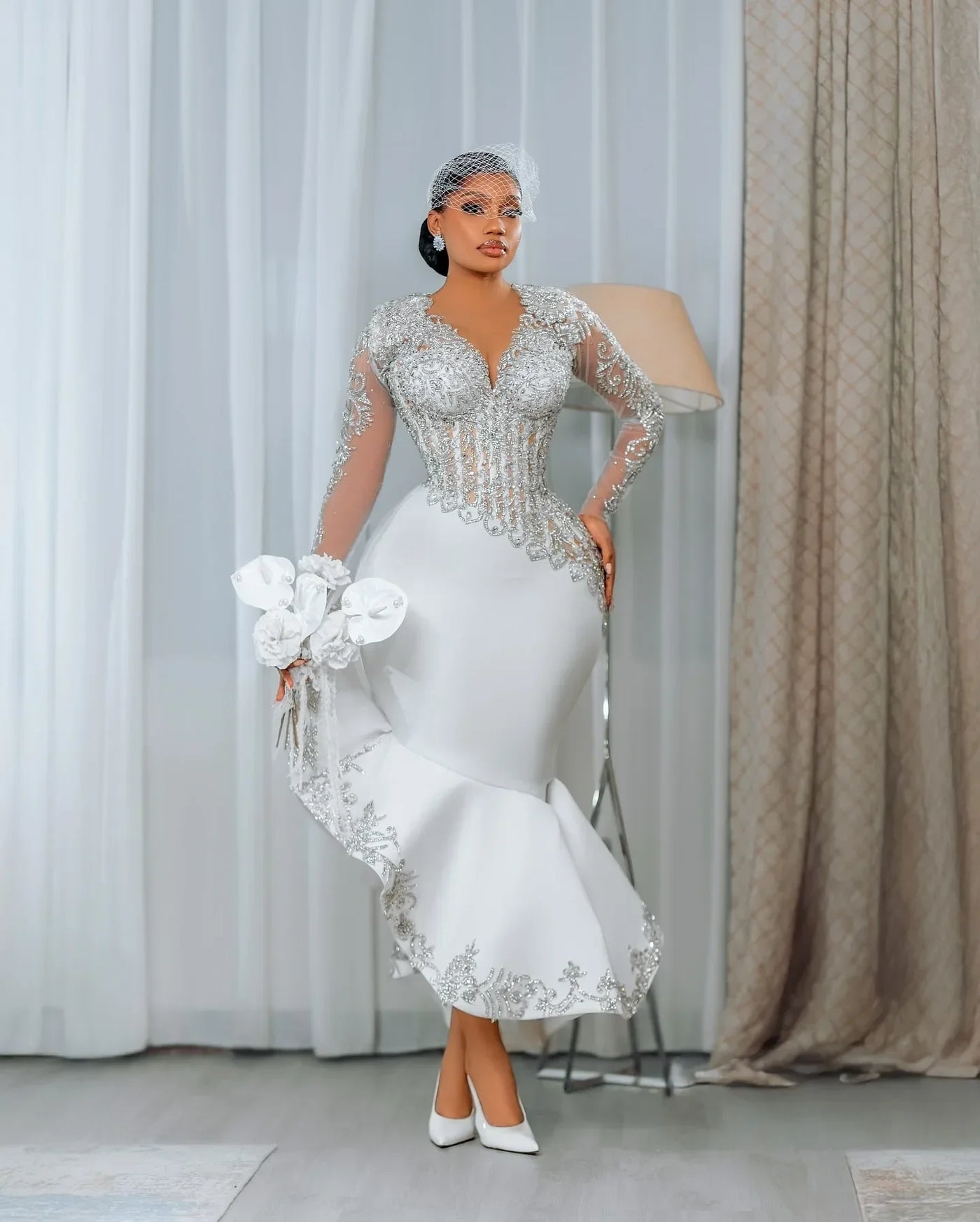 Long-Sleeve Lace Beaded Dress | OWNLUXE
