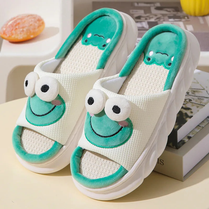 Four Seasons Linen House Slippers with Cute Cartoon Design