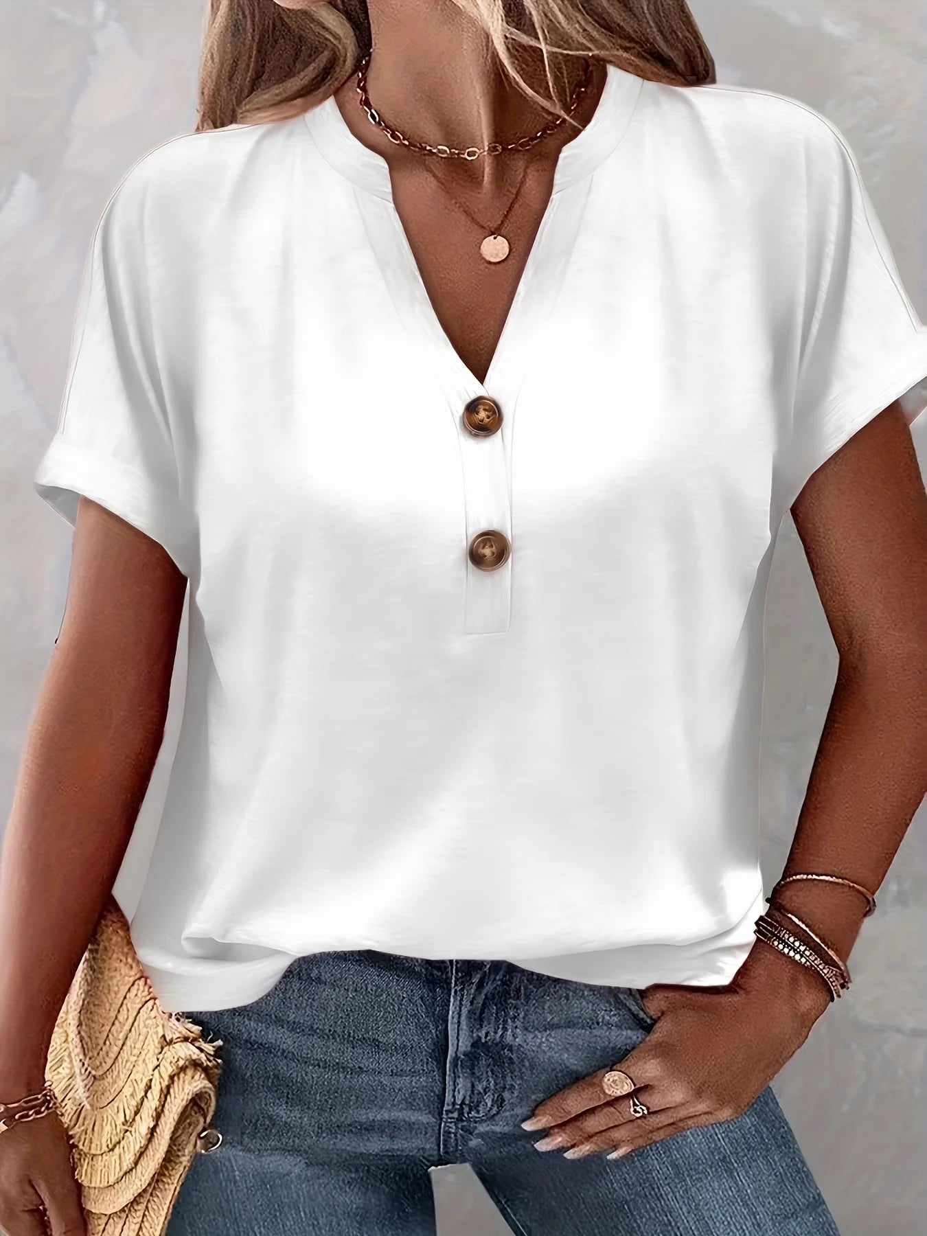 Short-Sleeve V-Neck Extended-Size Blouse | OWNLUXE