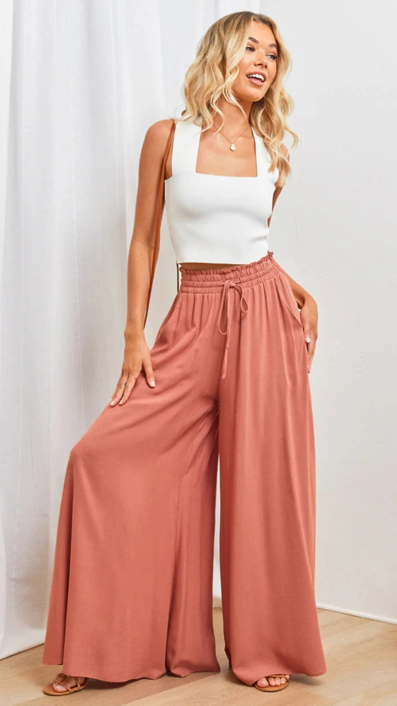 High Waist Wide Leg Pants - Elastic Waistband Summer Trousers