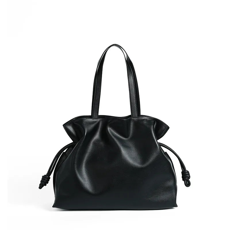 Cowhide Leather Pleated Bucket Bag | OWNLUXE
