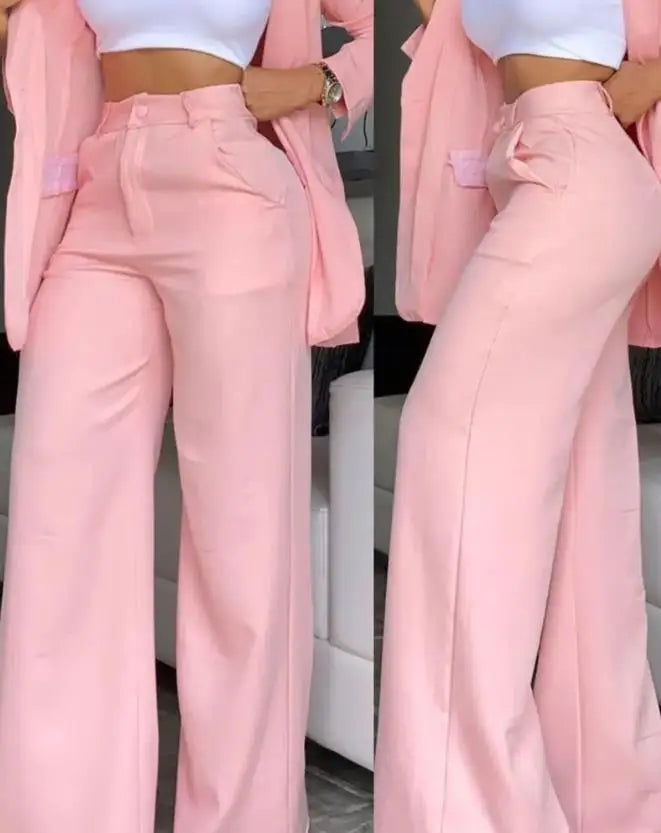 Elegant Women's Blazer Set – Notched Collar Coat & Wide-Leg Pants