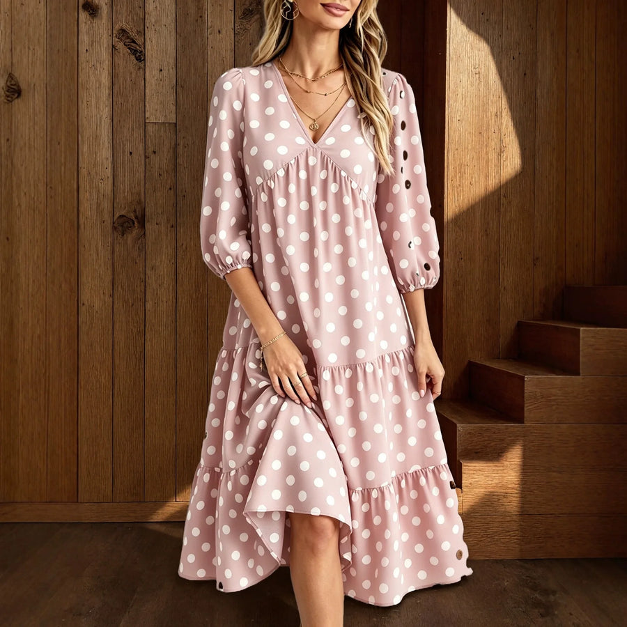 Polka Dot V-Neck Midi Relaxed-Fit Dress | OWNLUXE