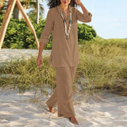 Cotton Linen 2-Piece Outfit Set - Casual V-Neck Shirt & Pants | OWNLUXE