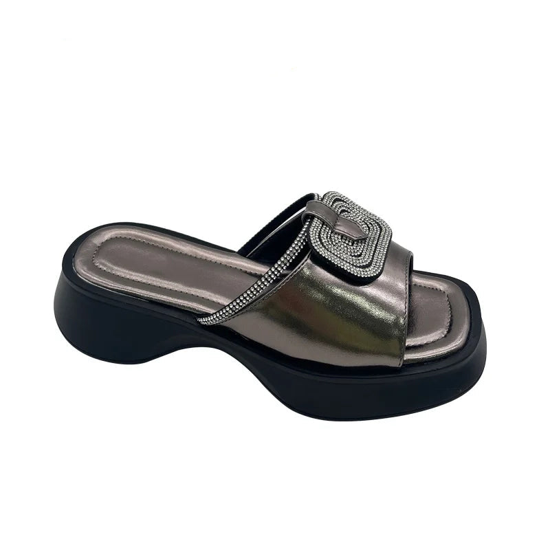 Women’s Mid Heel Slide Sandals – Cushioned Mixed-Color