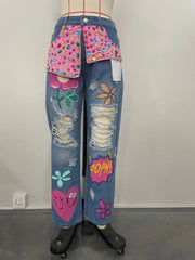 Floral Embroidery Rhinestone Jeans - High Waist Beaded Denim