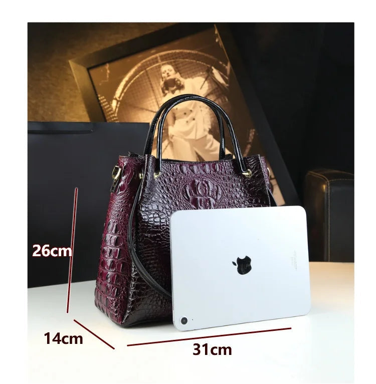 Genuine Leather Crocodile Print Tote - 2025 Trend Bucket Bag