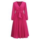 Load image into Gallery viewer, Slim-Fit A-Line Mid-Calf Dress with Lantern Sleeves and Sashes – Office Lady Autumn/Winter
