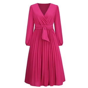Slim-Fit A-Line Mid-Calf Dress with Lantern Sleeves and Sashes – Office Lady Autumn/Winter
